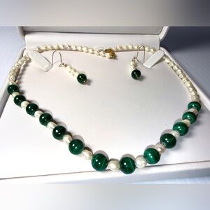 Fresh Water Pearl & Malachite Necklace and Earrings